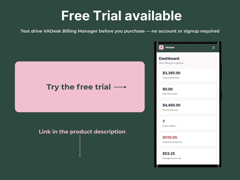 Free trial available for VADesk Billing Manager invoice tracker, phone mockup of dashboard, test drive before purchase with no account or signup required