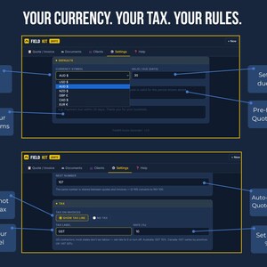 FieldKit settings panel showing multi-currency selector with USD, AUD, NZD, GBP, CAD, EUR options and custom tax label field set to GST at 10 percent rate.