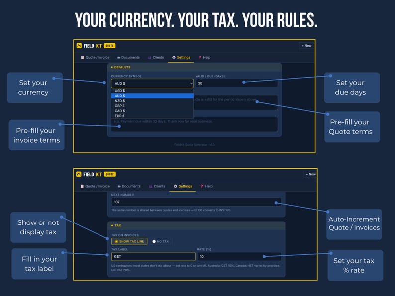 FieldKit settings panel showing multi-currency selector with USD, AUD, NZD, GBP, CAD, EUR options and custom tax label field set to GST at 10 percent rate.