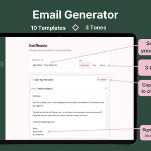 Email Generator screen in VADesk Onboarding showing 10 templates and 3 tone options for personalised client onboarding emails