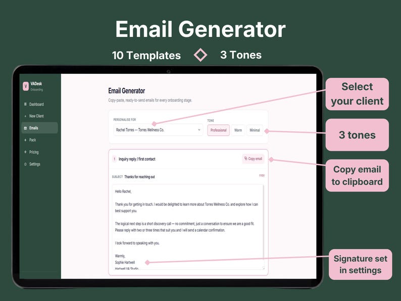 Email Generator screen in VADesk Onboarding showing 10 templates and 3 tone options for personalised client onboarding emails