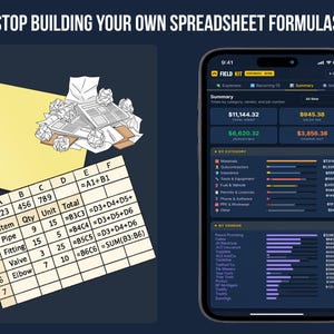 Before-and-after graphic: a messy spreadsheet with manual formulas beside FieldKit's clean expense dashboard on a phone showing sales tax and deductible totals.