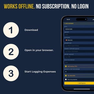 FieldKit expense tracker app quick-add expense form on a phone, showing category, vendor, job number and sales tax fields — works offline, no subscription, no login.