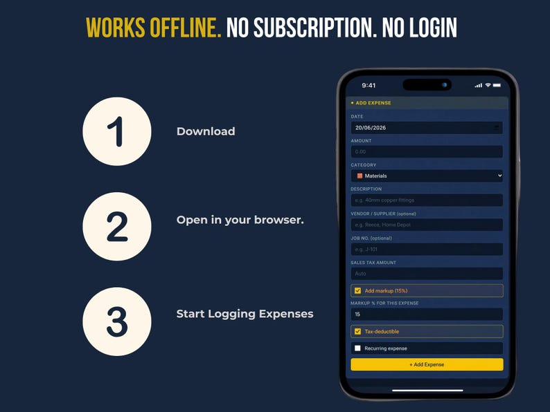 FieldKit expense tracker app quick-add expense form on a phone, showing category, vendor, job number and sales tax fields — works offline, no subscription, no login.