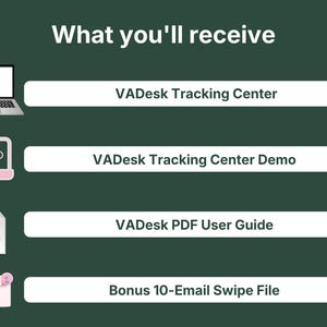 Everything included with VADesk Tracking Centre: app file, demo version, PDF user guide, and free ten email swipe file bonus