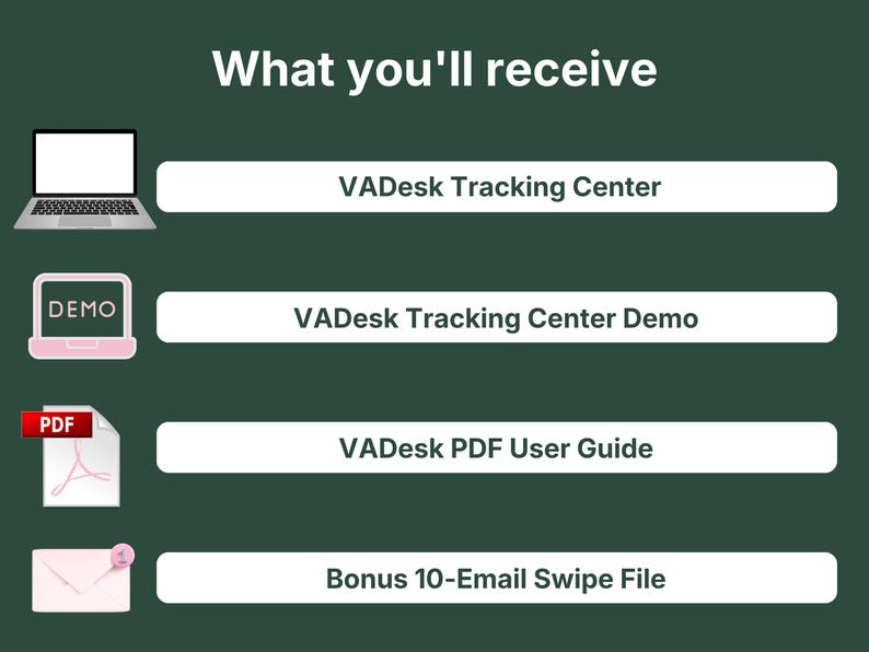 Everything included with VADesk Tracking Centre: app file, demo version, PDF user guide, and free ten email swipe file bonus