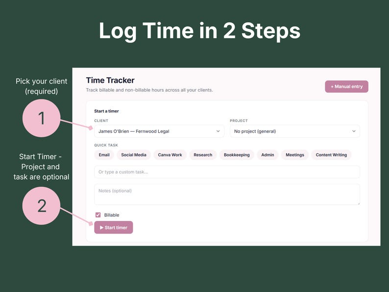 Time tracker showing how to log billable hours for a client in two steps, with project and task fields optional