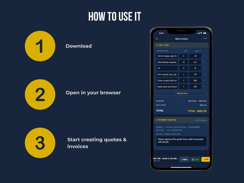 How To Use It — 3-step graphic: Download → Open in browser → Start creating | How to use Fieldkit Essentials invoicing software: download the file, open in any browser, start creating quotes and invoices