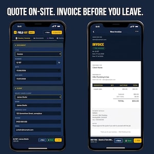 FieldKit Quote and Invoice Generator on iPhone — quote form on left, finished invoice preview on right. Quote on-site, invoice before you leave.