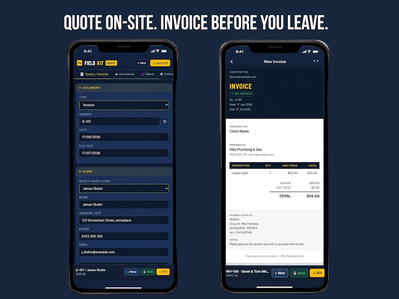 FieldKit Quote and Invoice Generator on iPhone — quote form on left, finished invoice preview on right. Quote on-site, invoice before you leave.