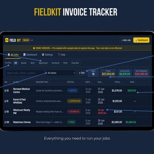 Invoice Tracker dashboard — job list, status filters, totals | Fieldkit invoice tracker dashboard showing job status, paid and overdue invoices, and total collected and outstanding amounts for small trade business