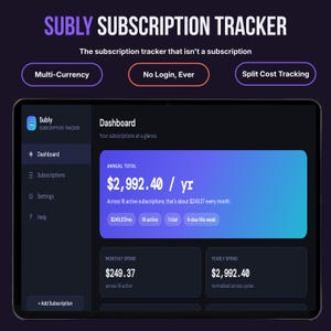 Subly subscription tracker dashboard on tablet, showing annual total of $2,992.40 across 16 active subscriptions, with badges for multi-currency, no login, and split cost tracking