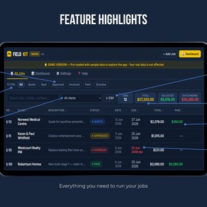 FieldKit Invoice Tracker feature highlights: 100% offline, 6-stage job pipeline, partial payment tracking, auto-overdue detection, aged receivables report, CSV export, works on any device