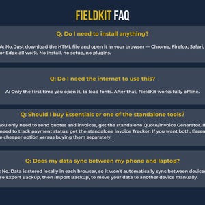 FAQ graphic — top 4 questions | Frequently asked questions about Fieldkit Essentials offline invoicing app, covering installation, internet requirements, data storage, and device compatibility