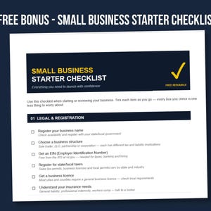 Free bonus Small Business Starter Checklist PDF included with Fieldkit mileage tracker app, showing a legal and registration checklist covering business name registration, business structure, EIN, and state tax registration.