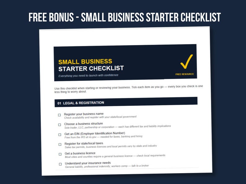Free bonus Small Business Starter Checklist PDF included with Fieldkit mileage tracker app, showing a legal and registration checklist covering business name registration, business structure, EIN, and state tax registration.
