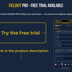 FieldKit Pro free trial promo — 'Try the free trial, link in the product description' next to a phone screenshot of the quote builder showing document type, number, date, and client fields