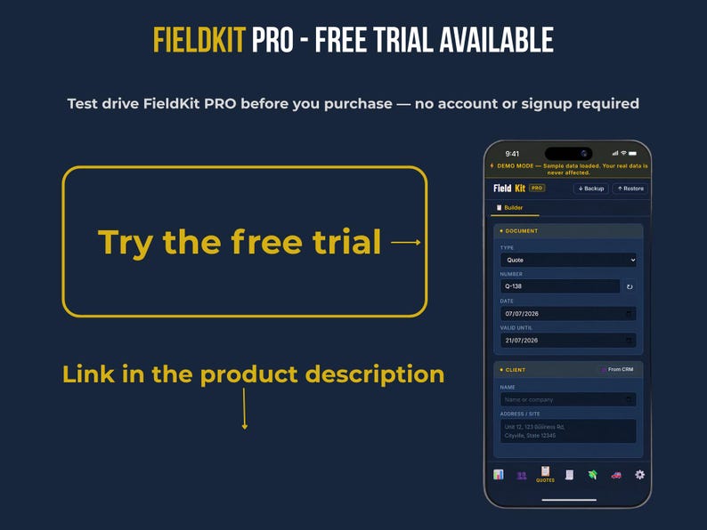 FieldKit Pro free trial promo — 'Try the free trial, link in the product description' next to a phone screenshot of the quote builder showing document type, number, date, and client fields