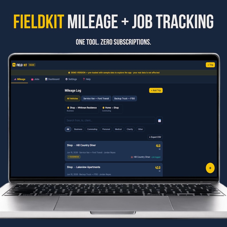 Fieldkit mileage tracker app open on a laptop showing the Mileage Log screen with trip entries, vehicle switcher, and linked job log icons. Headline reads Mileage + Job Tracking, One Tool, Zero Subscriptions.