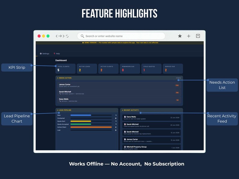 FieldKit CRM features: lead pipeline, reminders, VIP tracking, payment reliability, offline use — small business CRM instant download
