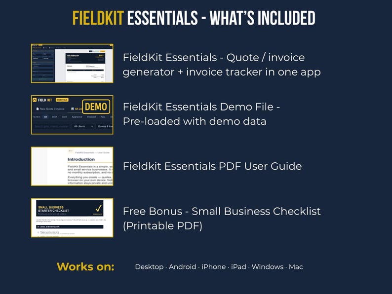 What's Included — full list (Generator, Tracker, Demo File, PDF User Guide, Bonus Checklist) + device compatibility icons | What's included in Fieldkit Essentials: quote and invoice generator, invoice tracker, demo file, PDF user guide, and free small business checklist bonus