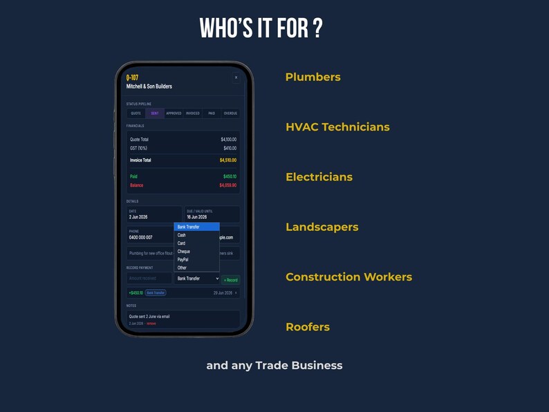 Who's It For — Fieldkit Essentials invoicing tool built for plumbers, HVAC technicians, electricians, landscapers, construction workers, roofers, and any trade business