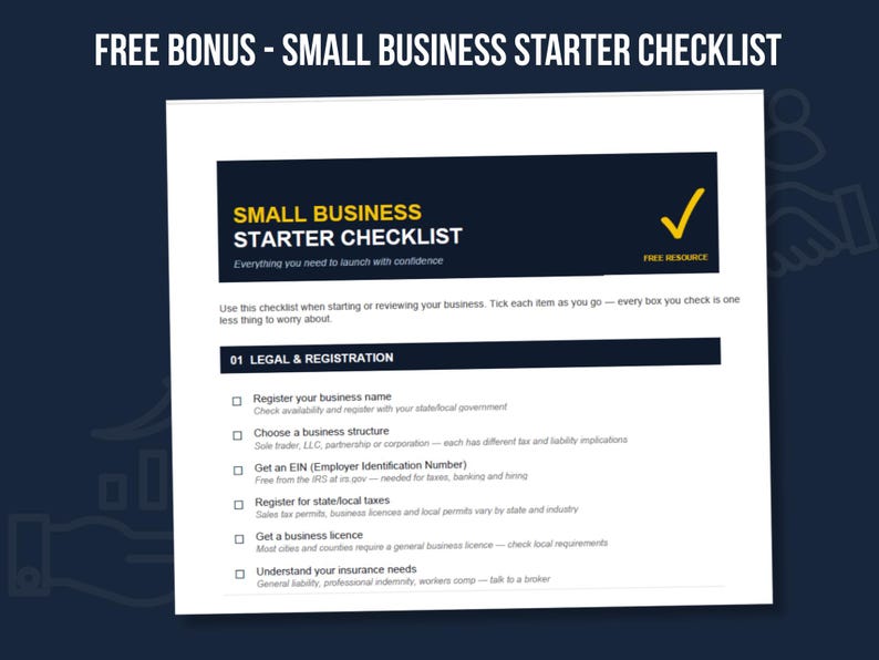 Free bonus Small Business Starter Checklist PDF included with FieldKit Expense Tracker, covering business registration, structure, EIN, taxes, licensing, and insurance.