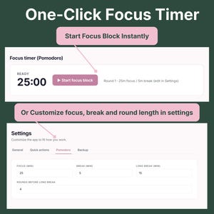 VADesk Tracking Centre Pomodoro focus timer showing instant start button and customizable focus, break, and round length settings
