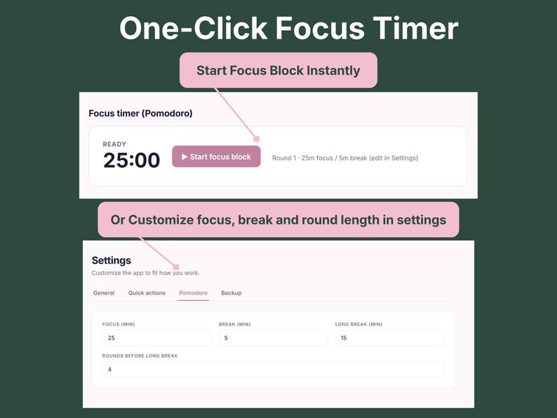 VADesk Tracking Centre Pomodoro focus timer showing instant start button and customizable focus, break, and round length settings
