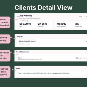 Client detail view showing hourly rate, invoice frequency, retainer usage, linked projects, recent time entries, and notes