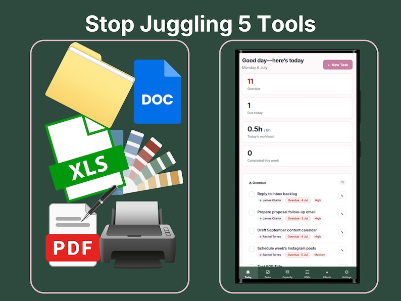 Stop juggling folders, docs, spreadsheets and printouts — VADesk Planning replaces them with one offline task and capacity tracker