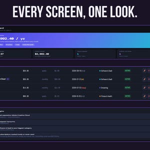 Subly dashboard, subscriptions list, and Smart Insights panel showing consistent design across every screen of the app