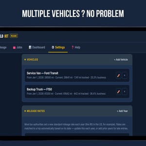 Fieldkit settings screen on a tablet showing two vehicles listed with starting odometer, current odometer, and business use percentage, plus a mileage rates table by year. Headline reads Multiple Vehicles? No Problem.
