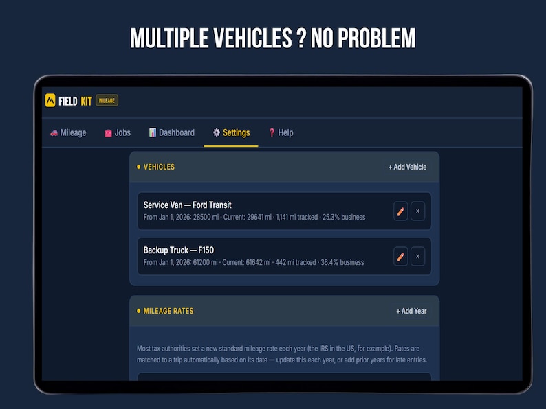 Fieldkit settings screen on a tablet showing two vehicles listed with starting odometer, current odometer, and business use percentage, plus a mileage rates table by year. Headline reads Multiple Vehicles? No Problem.