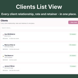 Client tracker list view showing every client relationship with hourly rate, monthly hours, and retainer usage percentage