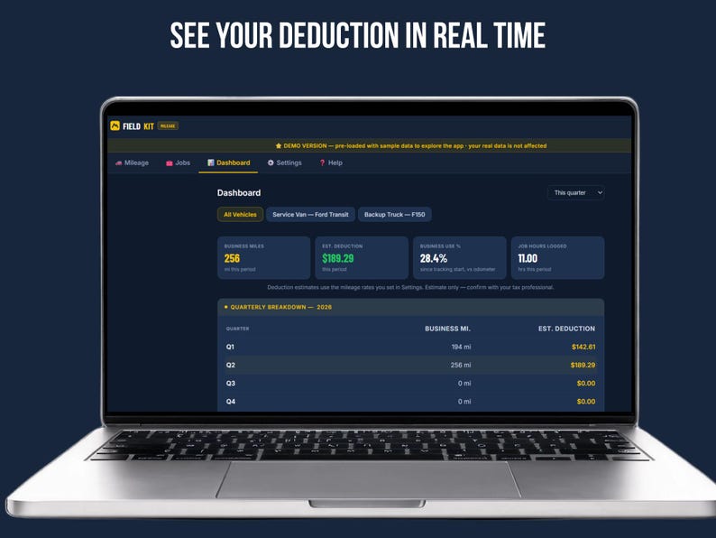 Screenshot of Field Kit Mileage app dashboard on a laptop, titled 'See Your Deduction in Real Time,' showing business miles, estimated deduction, business use percentage, and job hours logged, along with a quarterly breakdown table of mileage and deductions.