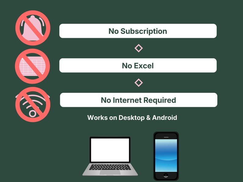 VADesk Billing Manager works with no subscription, no Excel, and no internet required, shown running on desktop and Android devices