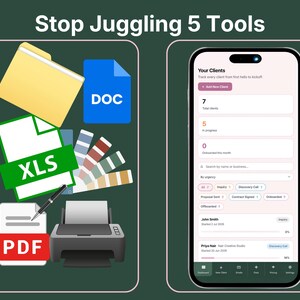 Before and after comparison of scattered files and folders versus the VADesk Onboarding client onboarding system on a phone