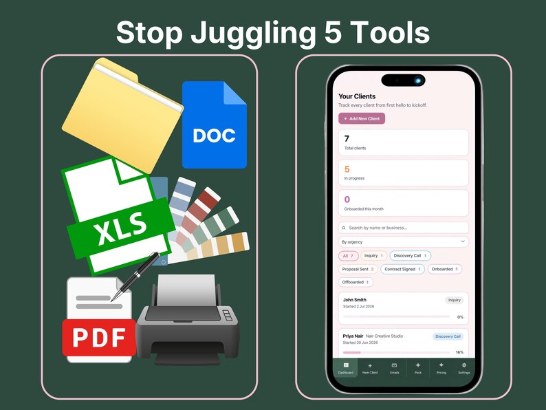 Before and after comparison of scattered files and folders versus the VADesk Onboarding client onboarding system on a phone