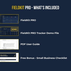 FieldKit PRO digital download — includes HTML finance tracker app, demo file, PDF user guide and free Small Business Starter Checklist, works on Mac Windows iPhone Android