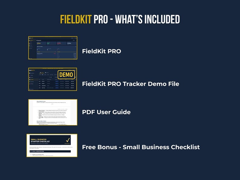 FieldKit PRO digital download — includes HTML finance tracker app, demo file, PDF user guide and free Small Business Starter Checklist, works on Mac Windows iPhone Android