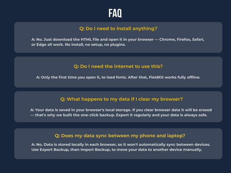 FieldKit CRM FAQ: one-time purchase, no subscription, works on Windows Mac iOS Android (extra steps required for Ipad and Iphone, data stays on your device.
