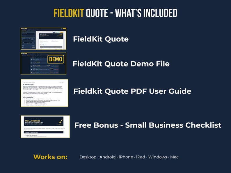 FieldKit Quote and Invoice Generator what's included — main HTML file, demo file, PDF user guide, and free small business checklist bonus. Works on Android, Mac, iPhone and Windows.