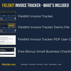 Field Kit Invoice Tracker listing contents: main tracker file, demo file, PDF user guide, and free small business starter checklist bonus