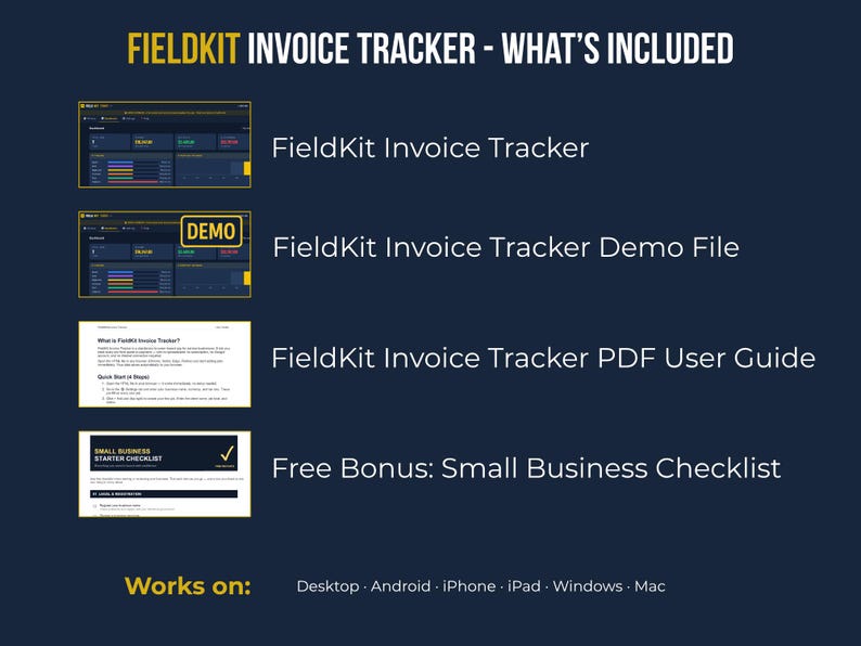 Field Kit Invoice Tracker listing contents: main tracker file, demo file, PDF user guide, and free small business starter checklist bonus