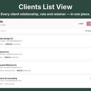 Client tracker list view showing billing method, hourly rate, retainer, and outstanding balance for each client in one place