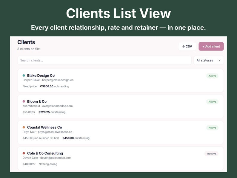 Client tracker list view showing billing method, hourly rate, retainer, and outstanding balance for each client in one place