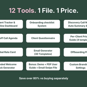 Graphic listing all 12 tools included in VADesk Onboarding, a client onboarding tracker for virtual assistants, showing savings versus buying separately