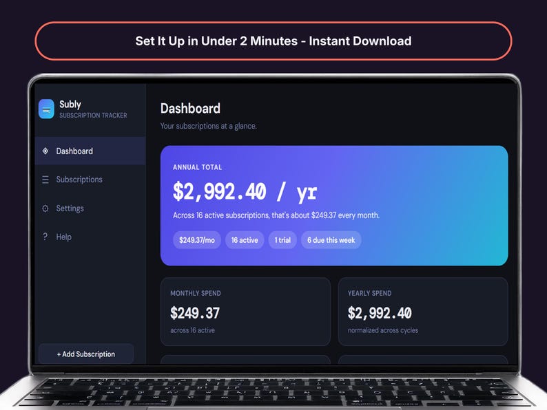 Subly dashboard open on a laptop, showing instant setup with no installation required