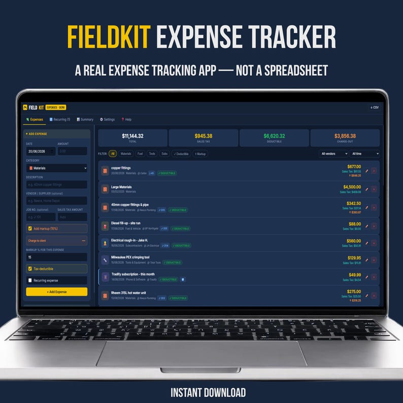 FieldKit Expense Tracker dashboard on a laptop with expense list, total, sales tax, deductible, and charge-out summary — a real expense tracking app, not a spreadsheet.